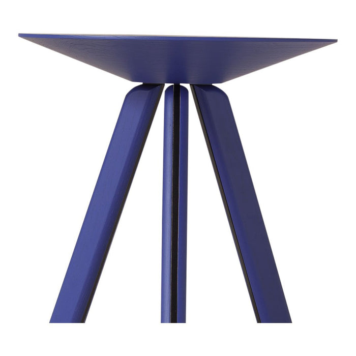 "Modern blue triangular table with sleek, minimalist design and distinct angular legs."