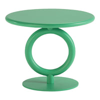 Green round side table with a circular base and smooth glossy finish, featuring a modern minimalist design.