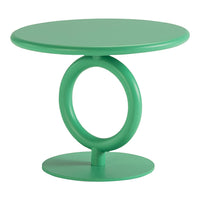 "Mint green circular table with a unique loop base and smooth surface, perfect for modern decor."