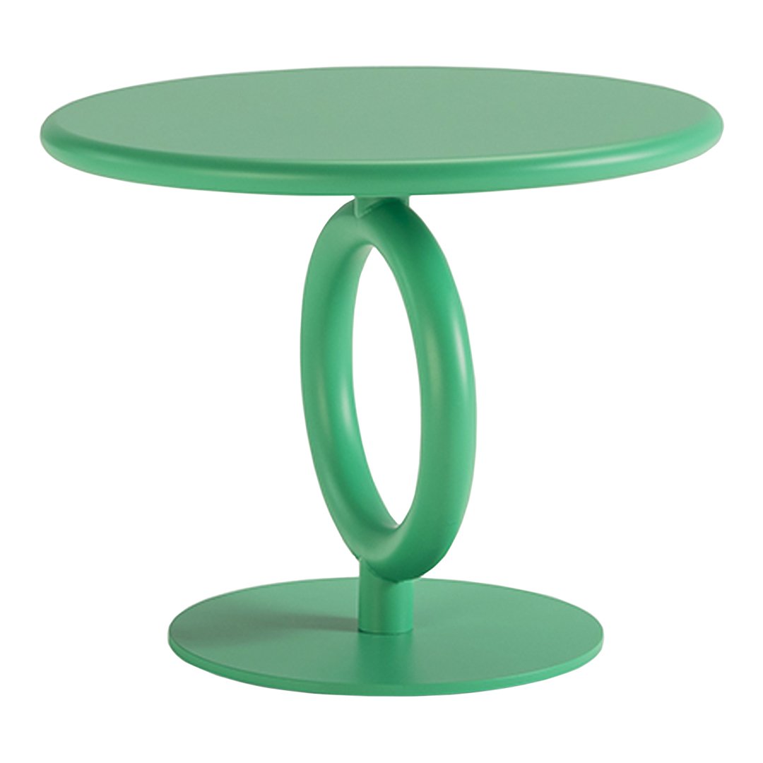 Green round side table with a circular base and unique ring-shaped support. Modern design for vibrant decor.