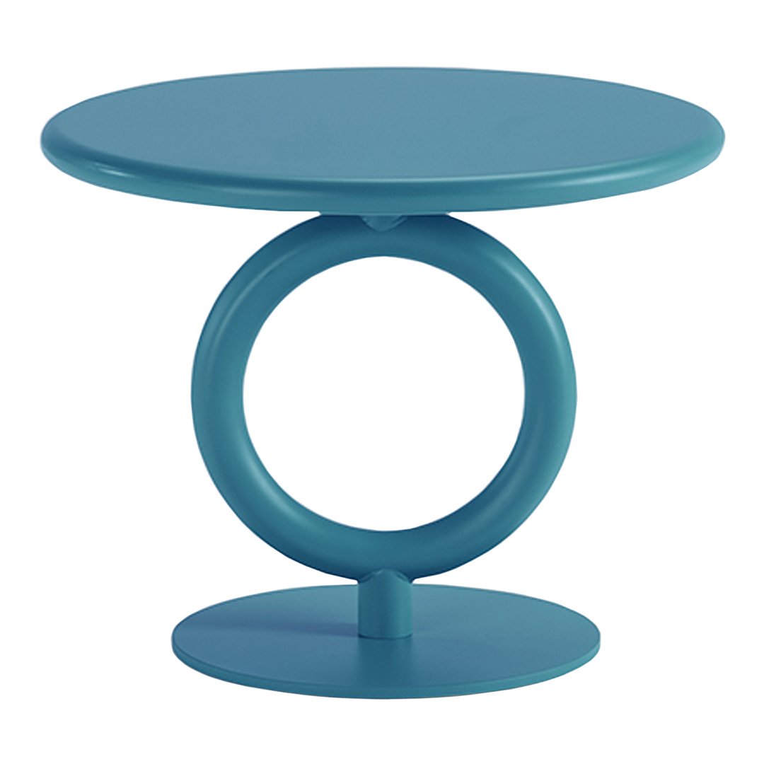Teal round side table with a circular base, featuring a smooth, modern design and sleek, minimalistic lines.