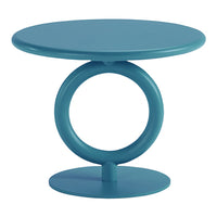Teal round side table with a circular base, featuring a smooth, modern design and sleek, minimalistic lines.