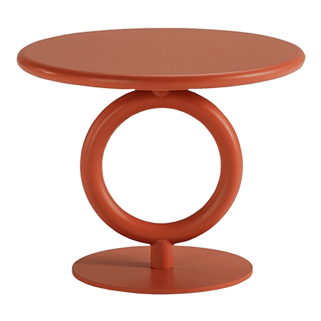 Round orange side table with a smooth top and circular base, featuring a modern minimalistic design.
