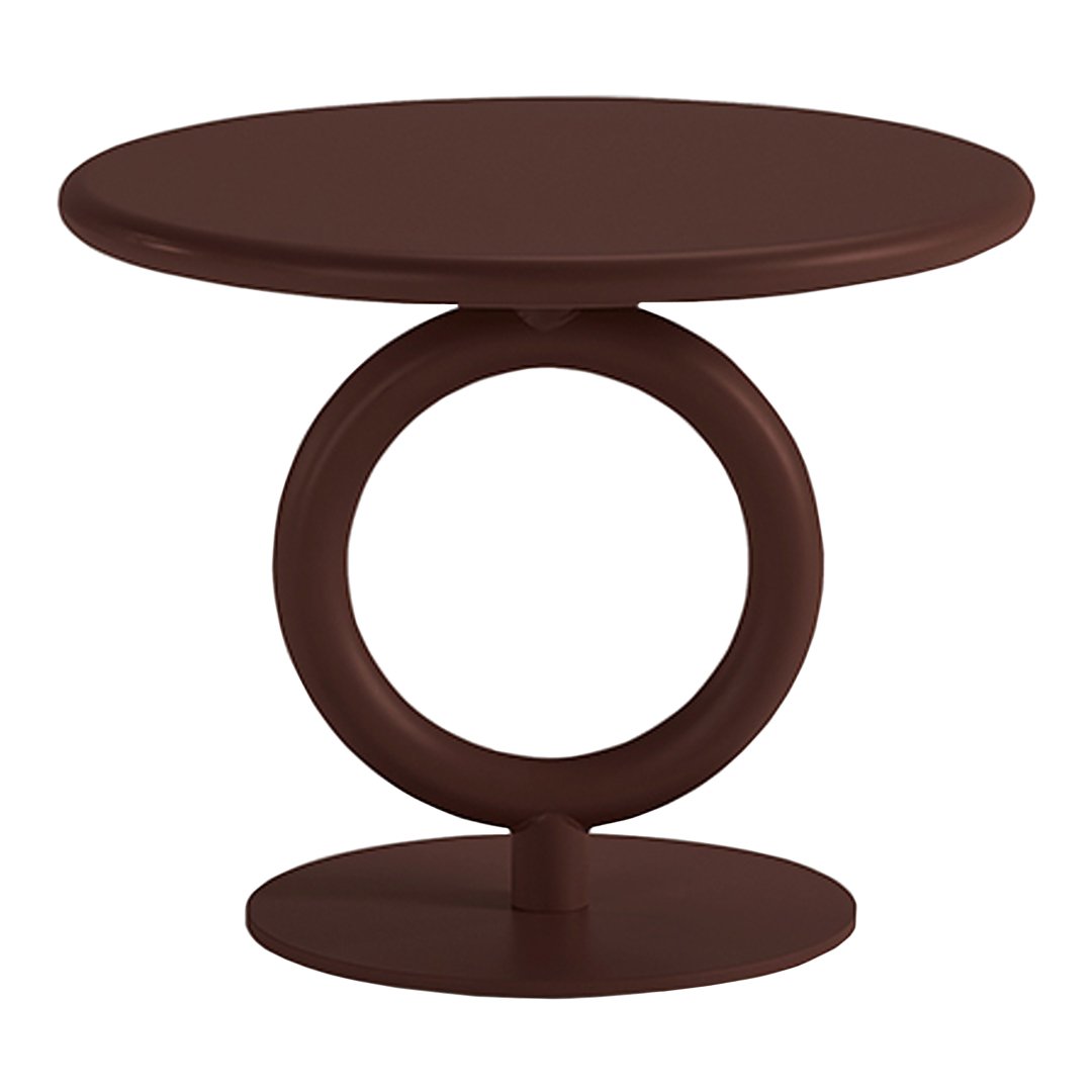 Brown circular side table with a unique round base, featuring a smooth, matte finish. Ideal for modern decor.