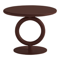 Brown circular side table with a unique round base, featuring a smooth, matte finish. Ideal for modern decor.