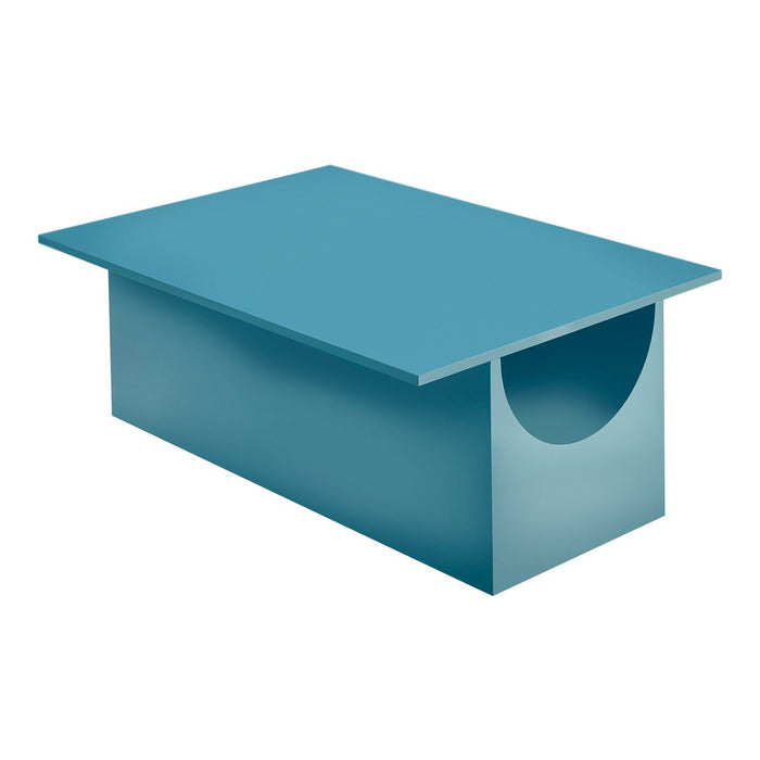 Light blue rectangular coffee table with a smooth finish and a circular cutout detail on one side.