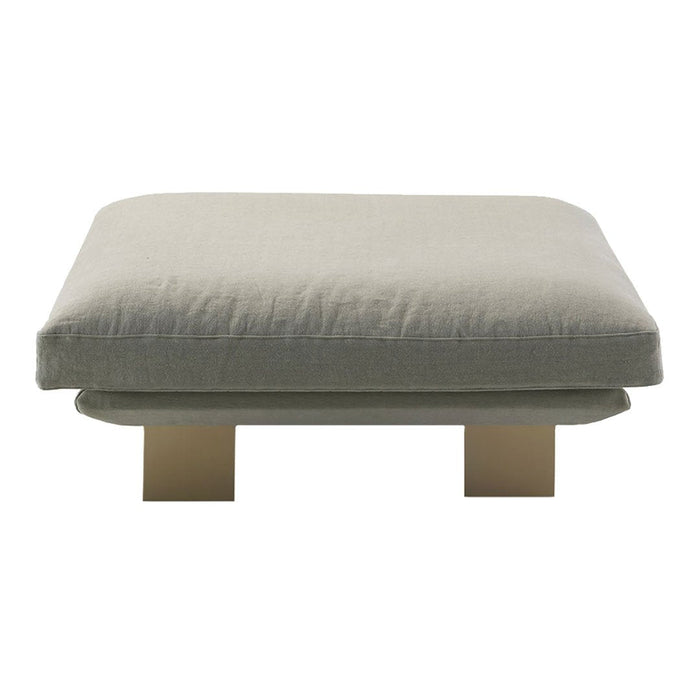 Gray upholstered ottoman with golden metal legs, featuring a smooth, minimalist design and clean lines.