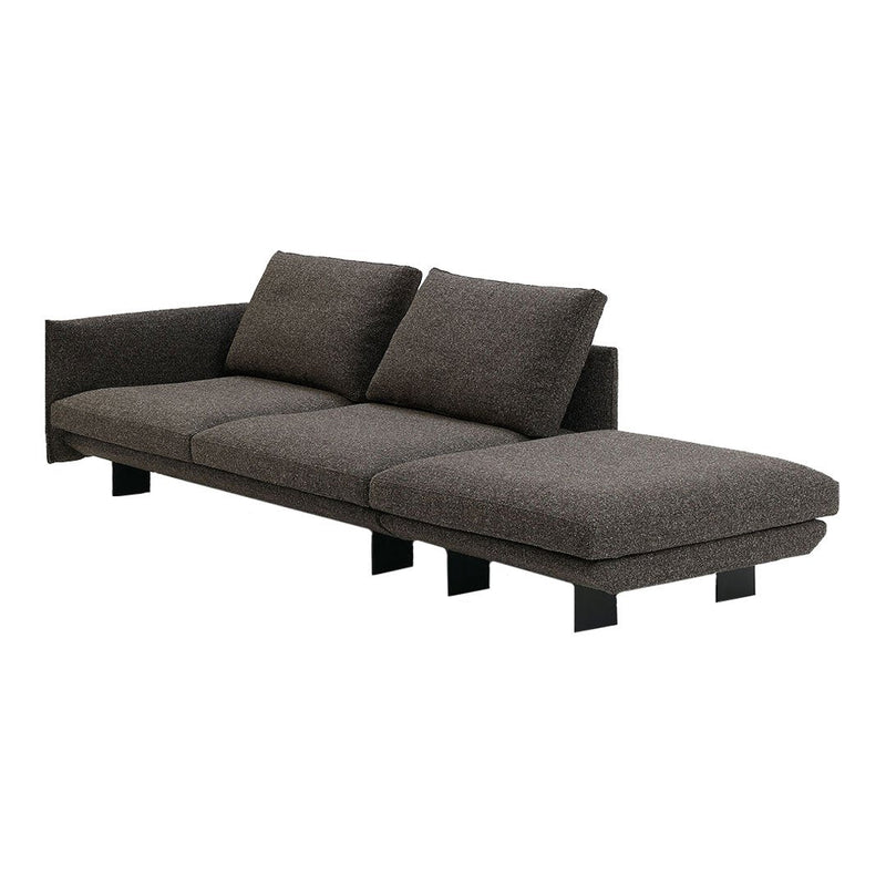 Gray sectional sofa with textured fabric and clean lines, featuring a modern minimalist design.