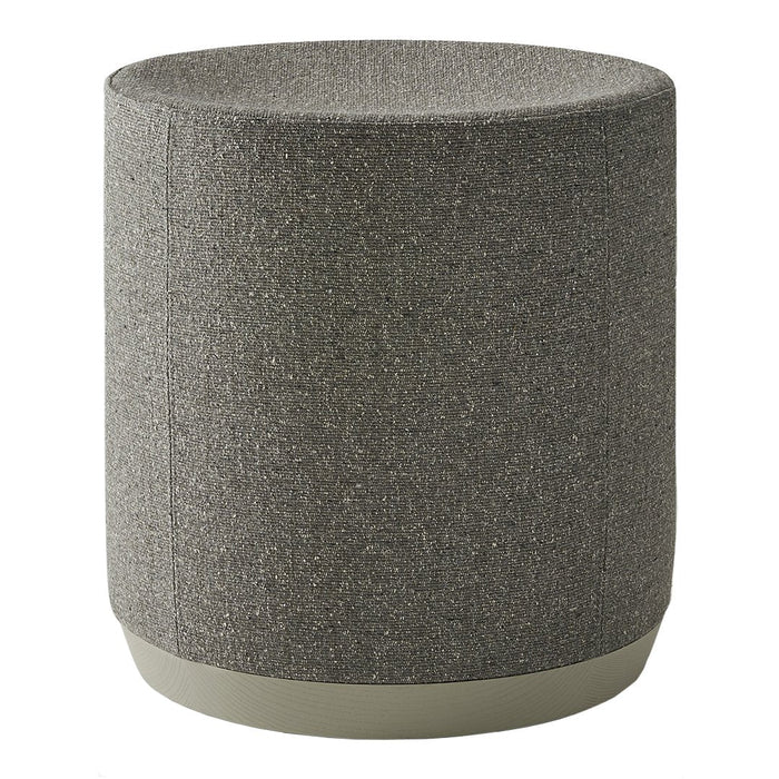 Gray textured round stool with a smooth green base, ideal for modern decor.