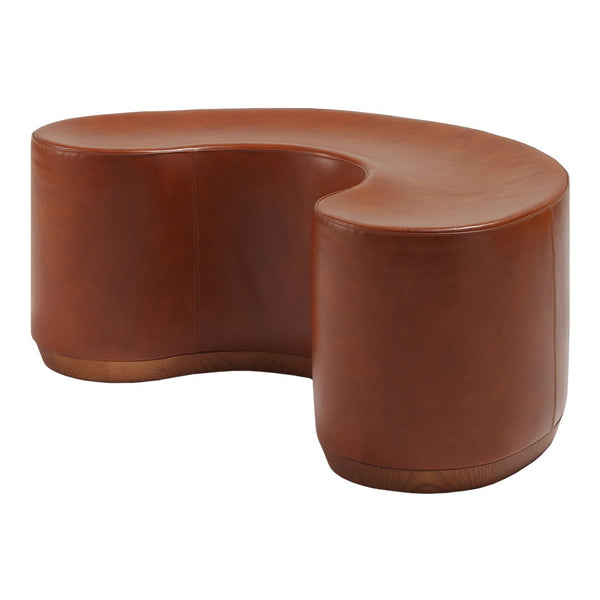 Curved leather bench in rich brown with a smooth, glossy finish and minimalist design. Perfect for modern decor.