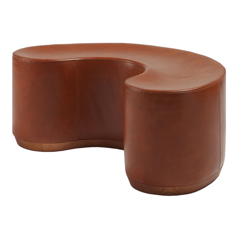 Curved leather bench in rich brown with a smooth, glossy finish and minimalist design. Perfect for modern decor.