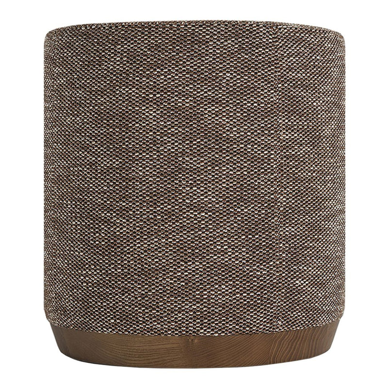 Brown textured fabric drum with a wooden base, featuring a subtle woven pattern. Perfect for modern decor.