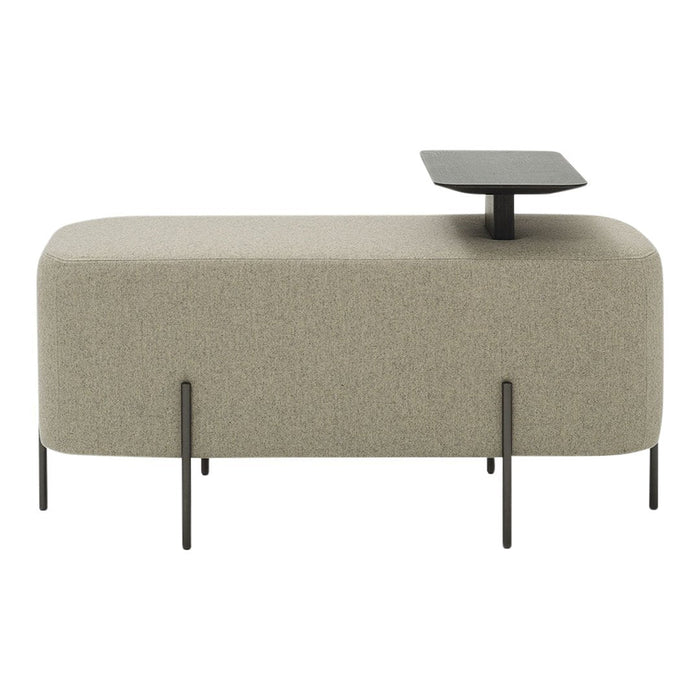 Light gray upholstered bench with a sleek black side table and minimalistic black legs. Modern design, no patterns.