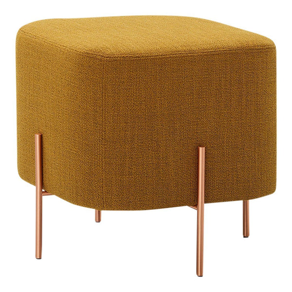 Square mustard yellow ottoman with a textured fabric and slim rose gold legs. Perfect for modern decor.