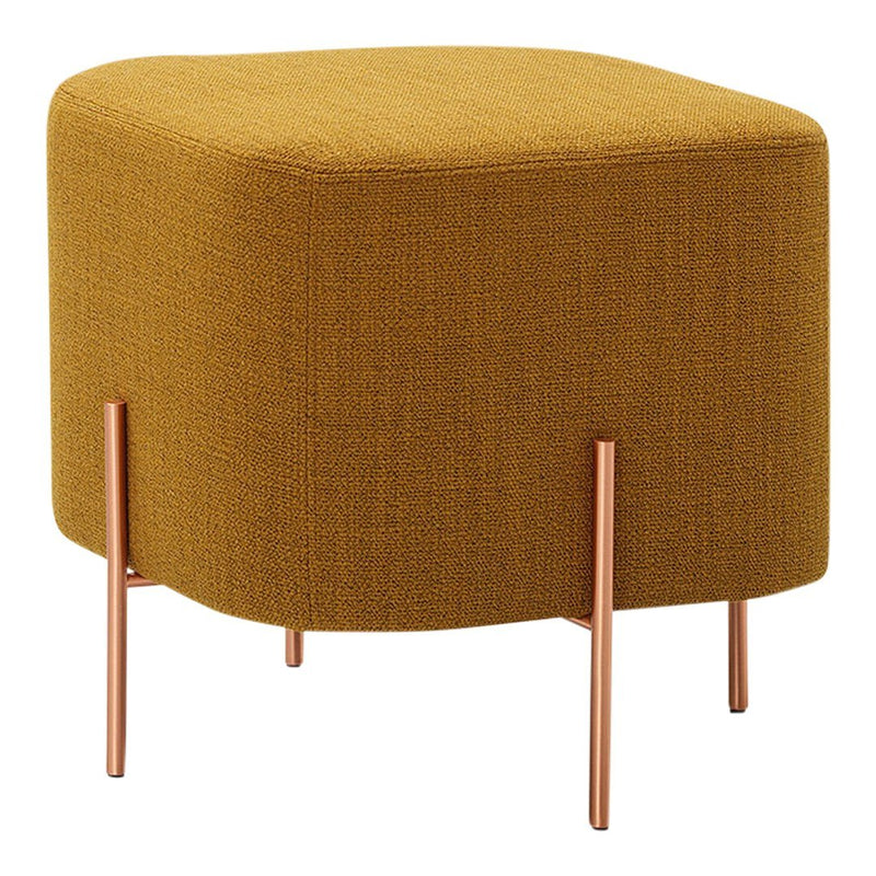 Square mustard yellow ottoman with a textured fabric and slim rose gold legs. Perfect for modern decor.