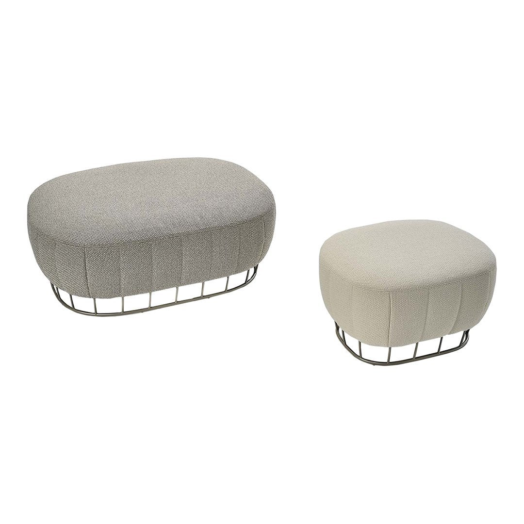 Gray and off-white upholstered ottomans with textured patterns and metal wire bases, perfect for modern decor.
