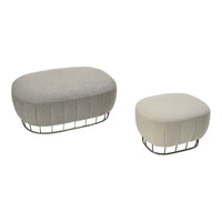 Gray and off-white upholstered ottomans with textured patterns and metal wire bases, perfect for modern decor.