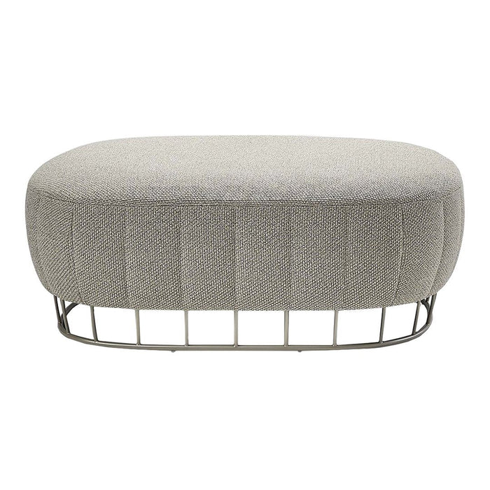 Gray upholstered oval ottoman with a textured pattern and a sleek metal base. Ideal for modern decor.