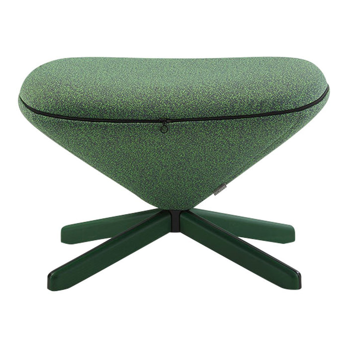 Green heart-shaped pouf with textured fabric pattern and dark green wooden base.
