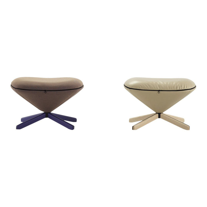 Two modern stools: one in soft brown with a dark blue base, and the other in light beige with a natural wood base.