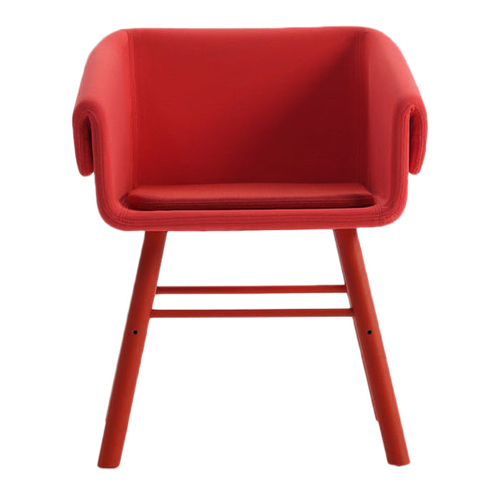 "Bright red modern chair with a smooth finish and minimalist design, featuring bold armrests and natural wooden legs."
