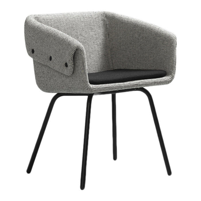 Gray upholstered chair with black seat cushion and sleek black metal legs. Modern and stylish design element.
