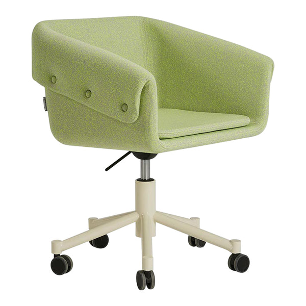 Light green upholstered chair with a smooth fabric texture and subtle button detailing, set on a cream-colored base.