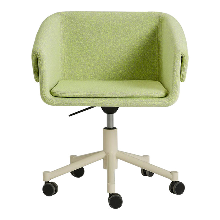 Green upholstered chair with a smooth, rounded design and a light beige base, featuring a simple, modern aesthetic.