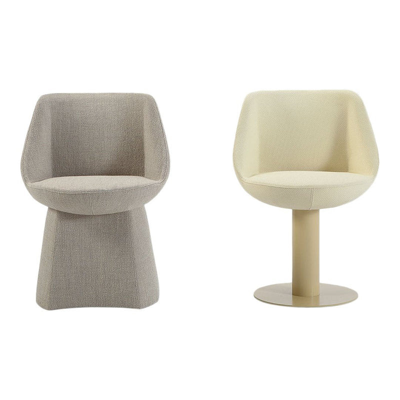 Set of two chairs in light grey and soft cream colors, featuring minimalist designs and smooth textures.