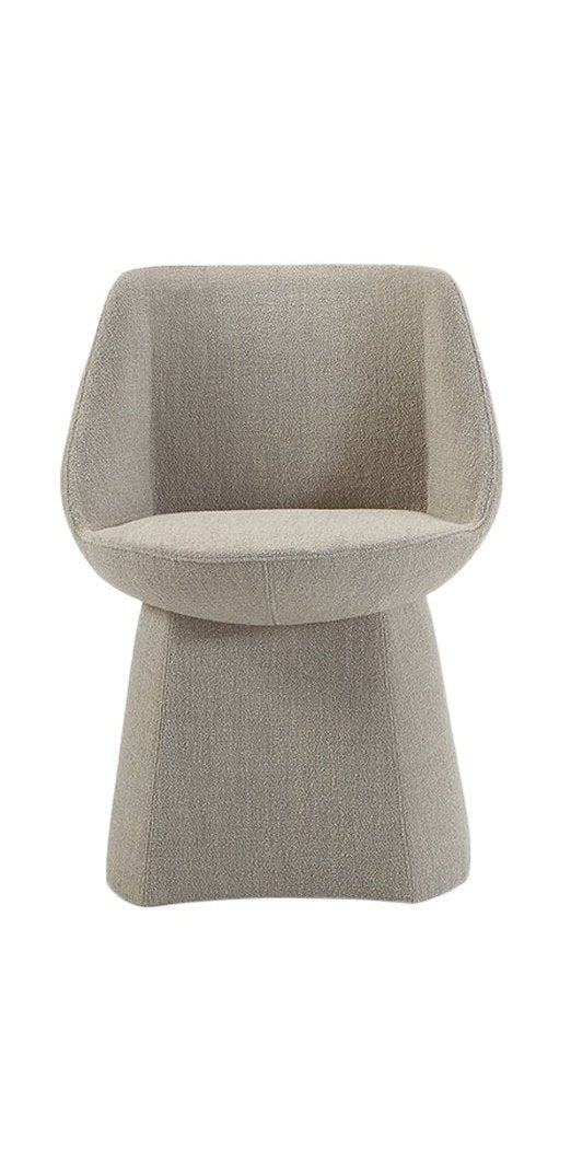 Modern light gray upholstered chair with textured fabric and minimalist, streamlined design. Perfect for contemporary spaces.