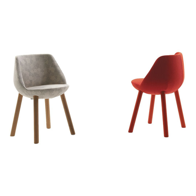 Orange and gray upholstered chairs with wooden legs, featuring smooth, modern designs and contemporary patterns.
