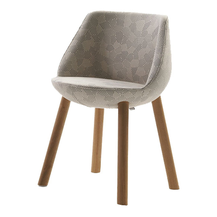 Gray patterned chair with light beige upholstery and natural wooden legs. Stylish and modern design for any space.