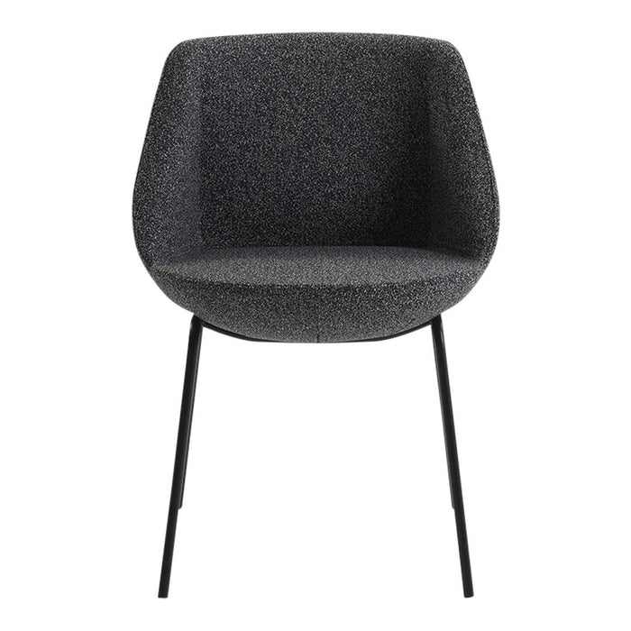Stylish black accent chair with a textured gray fabric upholstery and sleek black legs. Perfect for modern spaces.