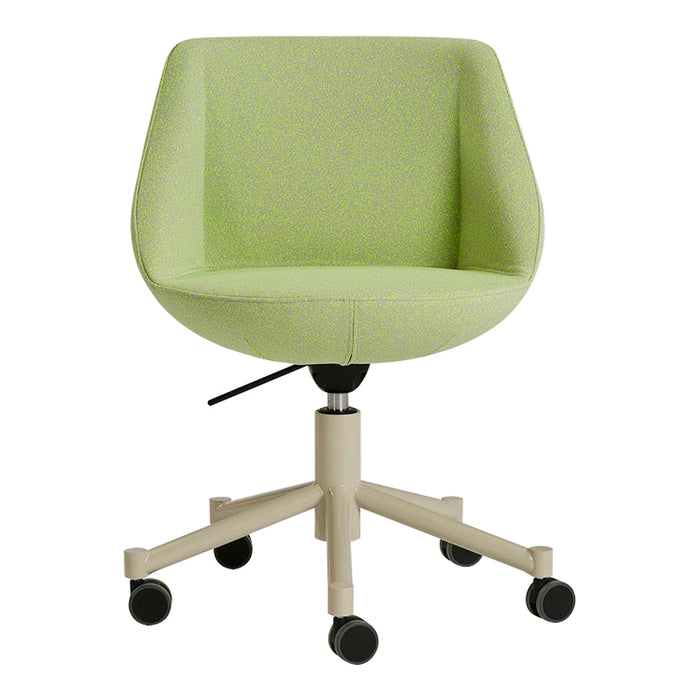 Green upholstered chair with a smooth, modern design and a beige base, ideal for contemporary office settings.