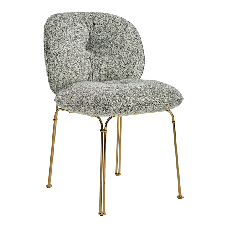 Gray upholstered chair with a tufted design and gold metal legs. Stylish and modern for any decor.