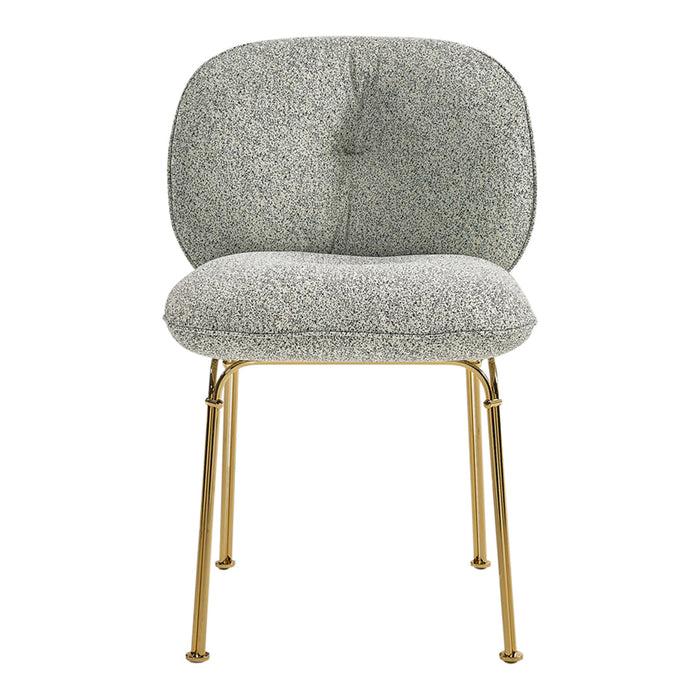 Gray upholstered chair with a textured pattern and gold metal legs for a modern, stylish look.