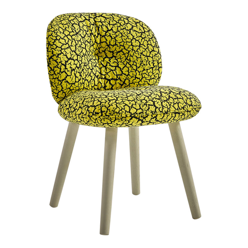 Yellow patterned chair with a stylish abstract design and light wooden legs, perfect for modern decor.