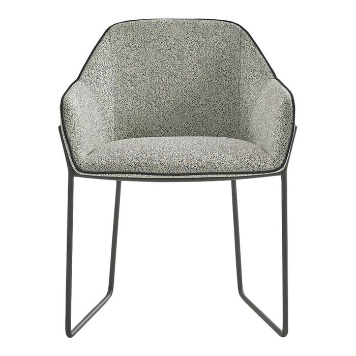 Gray patterned fabric armchair with minimalist black metal legs and a modern design. Stylish accent for any space.
