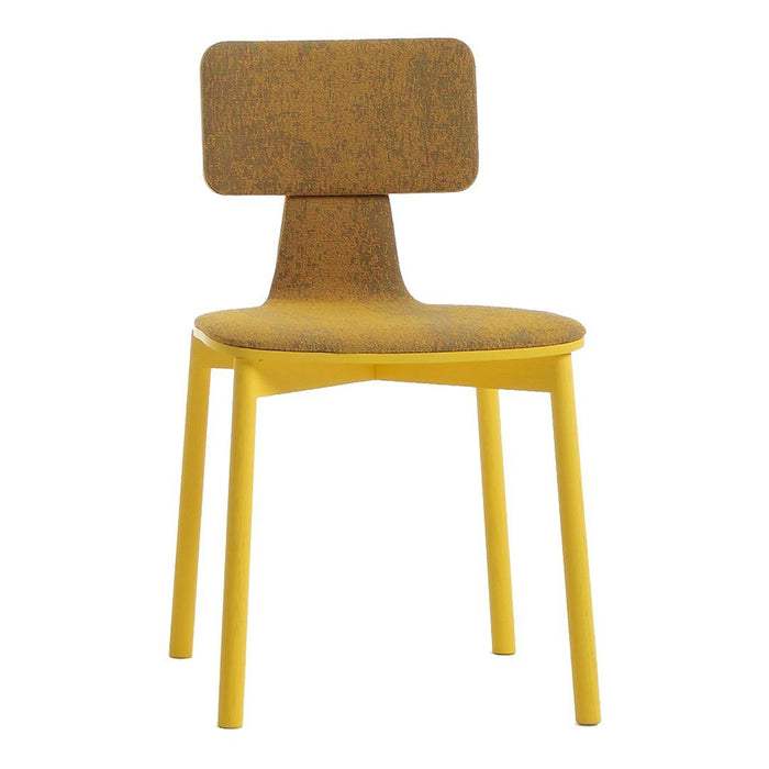 Yellow chair with a textured, brown speckled seat and back, featuring a minimalist design and sturdy legs.