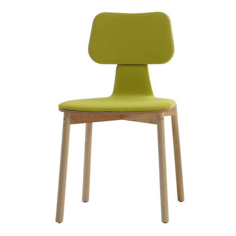 Vibrant lime green chair with a smooth, minimalist design and natural wood legs, perfect for modern interiors.