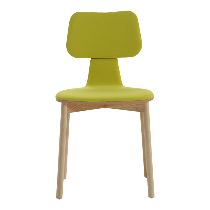 Bright lime green chair with a smooth finish and natural wood legs, perfect for adding a pop of color to any space.