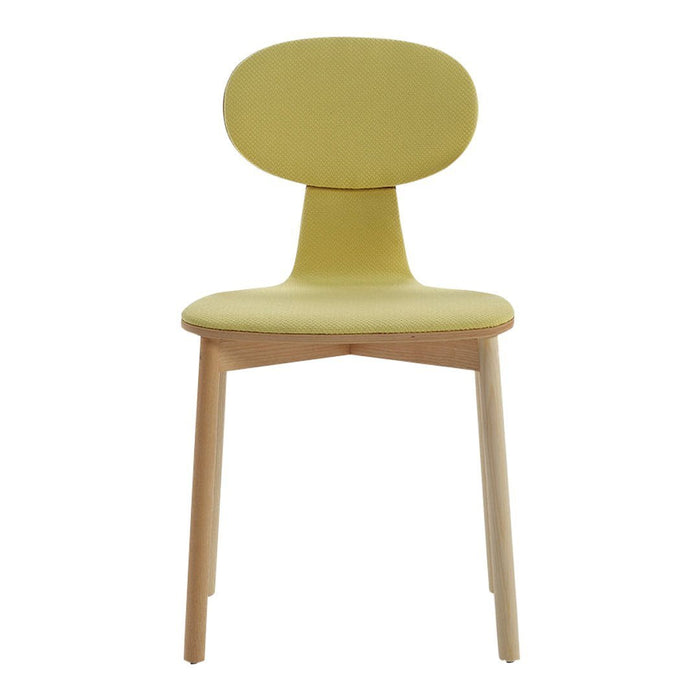 Yellow upholstered chair with a smooth, round back and natural wood legs, perfect for modern decor.