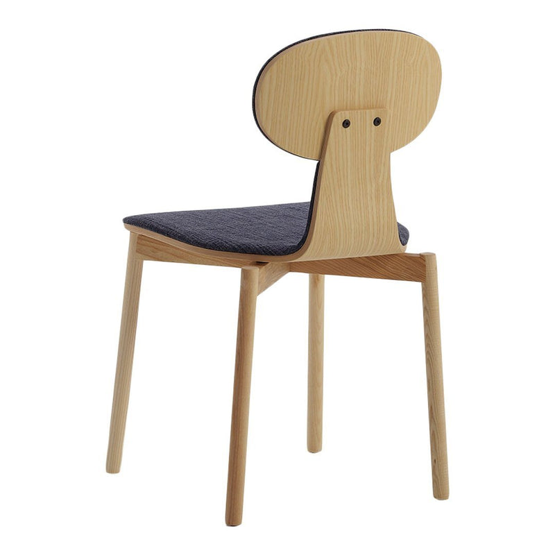 Modern wooden chair with a natural oak finish and a dark gray upholstered seat. Stylish and minimalist design.
