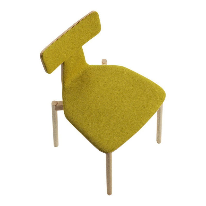 Bright yellow upholstered chair with a unique geometric design and natural wood legs. Perfect for modern decor.