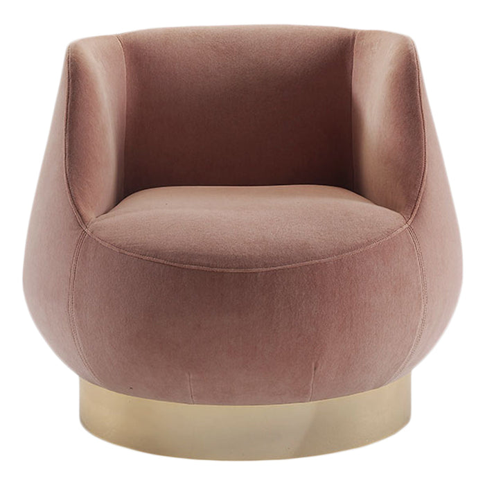 Blush pink velvet accent chair with a smooth, rounded design and a gold metal base. Perfect for modern decor.