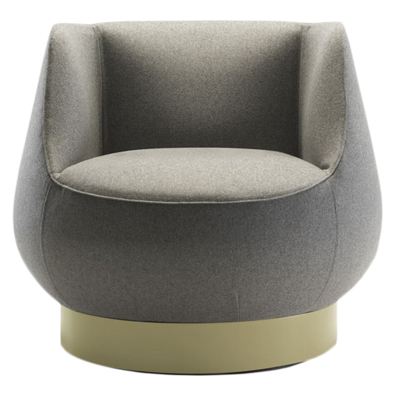 Gray upholstered armchair with a round shape and a light green base, creating a modern and stylish look.