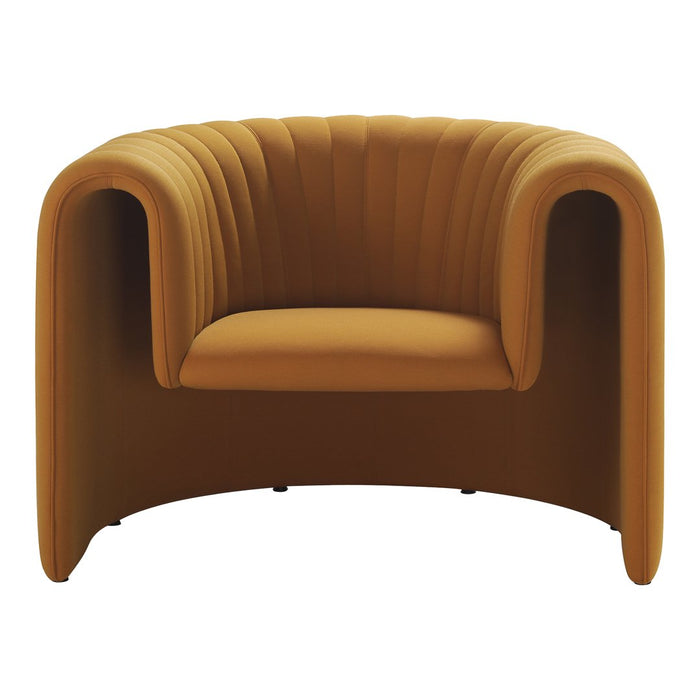 "Round mustard-yellow upholstered chair with ribbed design and smooth curves."