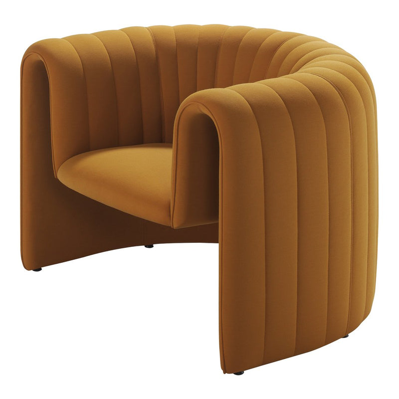 Curved mustard yellow chair with vertical ribbed upholstery, perfect for modern interiors.
