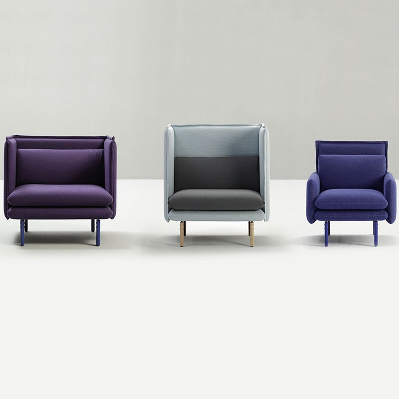 Set of three modern armchairs featuring deep purple, soft gray, and vibrant blue accents against a minimalist backdrop.