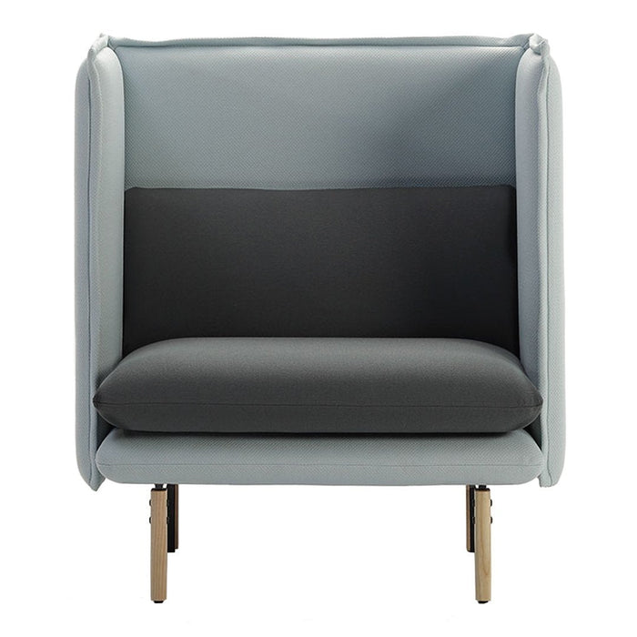 "Modern chair with a light blue frame and dark gray seat cushion, featuring clean lines and minimalistic design."